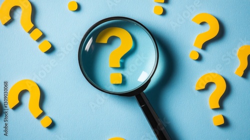 A magnifying glass zooms in on a yellow question mark, surrounded by others on a bright blue background. A visually engaging representation for concepts of inquiry, research, problem-solving, and