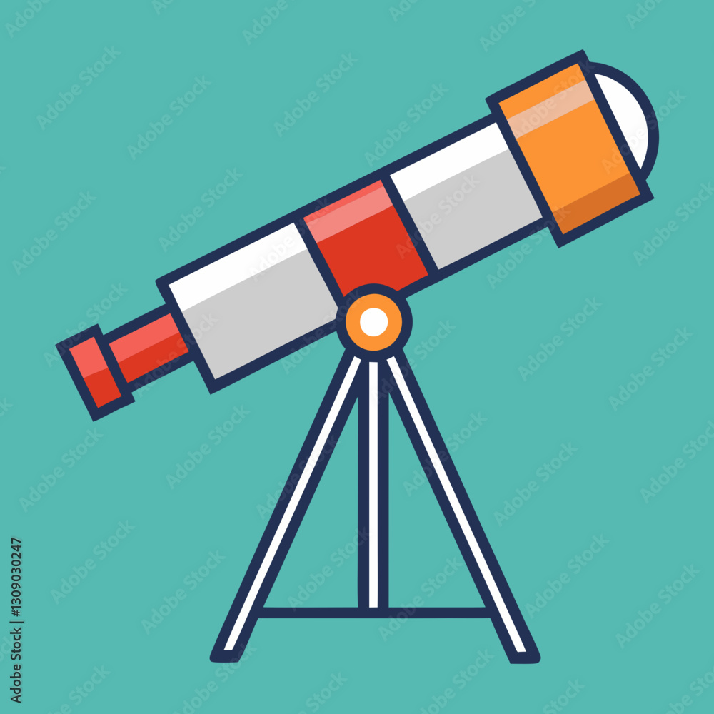 Telescope Vector Illustration with Red and Orange Details, A colorful vector illustration of a white telescope with red and orange accents, mounted on a tripod, set against a teal background.
Telescope Vector Illustration with Red and Orange Details, A colorful vector illustration of a white telescope with red and orange accents, mounted on a tripod, set against a teal background.