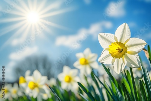 Spring floral border with daffodils and sunlight for an elegant easter card template