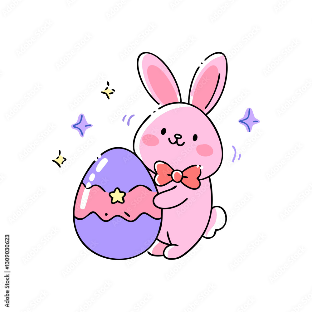 Vector stylized illustration of a cute pink Easter bunny with a bow tie holding a decorated egg. Modern, festive, and adorable design.