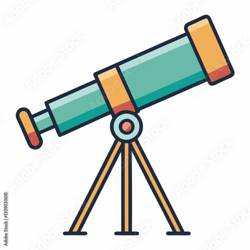 Telescope Vector Illustration with Yellow Tripod, A colorful vector illustration of a telescope with a yellow tripod, featuring a light green and orange design, set against a simple white background.
