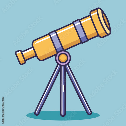 Telescope Vector Illustration with Blue Background, A colorful vector illustration of a yellow telescope on a tripod, set against a soft blue background with subtle shadows.
