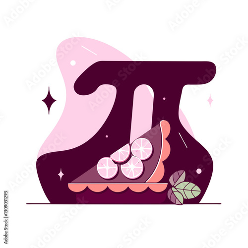 Vector illustration of a stylized pi symbol with a slice of lemon pie, blending mathematics and dessert in a modern, minimalistic style.