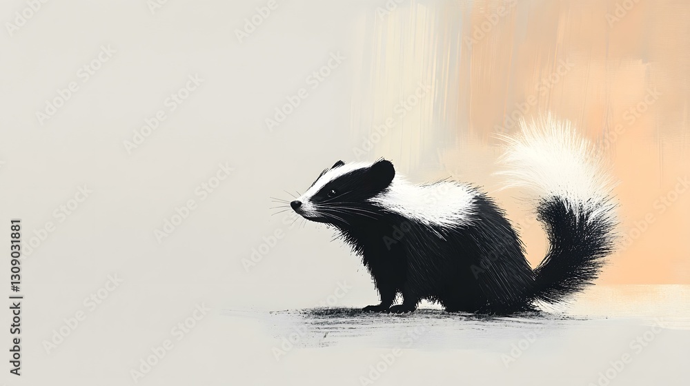A small black and white skunk standing in the center, its fur detailed with soft textures, against a gradient background transitioning from pastel gray to warm beige on the right. The minimalist A small black and white skunk standing in the center, its fur detailed with soft textures, against a gradient background transitioning from pastel gray to warm beige on the right. The minimalist