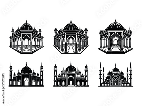 Islamic architectural designs with grand archways and domes silhouette isolated on white background