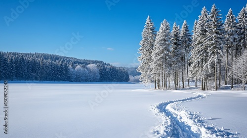 Serene winter landscape with snow-covered pine trees and a clear blue sky