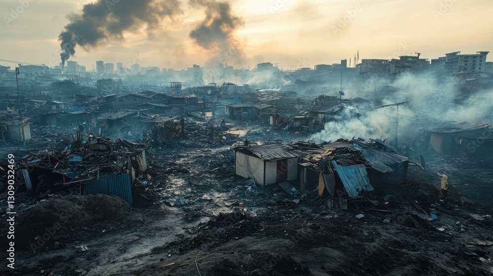 Fototapeta premium Cityscape with smoke. Burnt houses. Destruction scene. Urban decay. Fire aftermath. Shacks destroyed. Charred landscape. Desolation scene. Buildings in ruins. Destruction and smoke. Houses burnt.