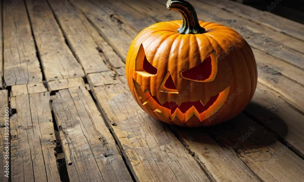 A carved Halloween pumpkin with a spooky expression resting on rustic wooden floorboards, evoking festive ambiance A carved Halloween pumpkin with a spooky expression resting on rustic wooden floorboards, evoking festive ambiance