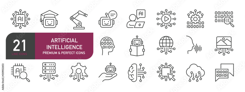 Set of line icons related to artificial intelligence, machine learning, robotic, automation. Outline icons collection. Editable stroke. Vector illustration Set of line icons related to artificial intelligence, machine learning, robotic, automation. Outline icons collection. Editable stroke. Vector illustration