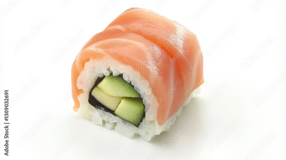 Fresh Salmon and Avocado Sushi Roll Isolated on White Background Fresh Salmon and Avocado Sushi Roll Isolated on White Background
