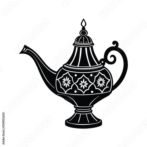 Ornate Arabic coffee pot silhouette isolated on white background