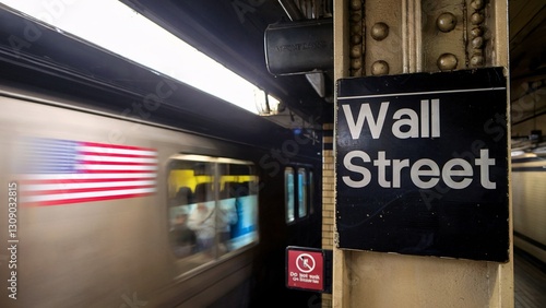 Wall Street Subway Station with Passing Train and American Flag