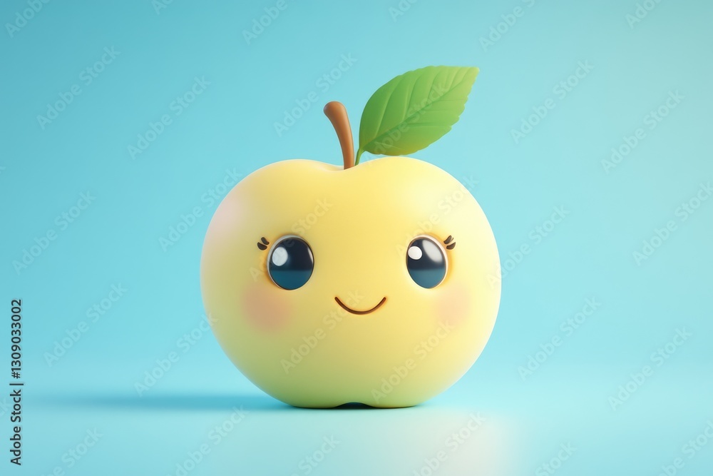A 3d render smiling yellow apple with eyes and a green leaf A 3d render smiling yellow apple with eyes and a green leaf