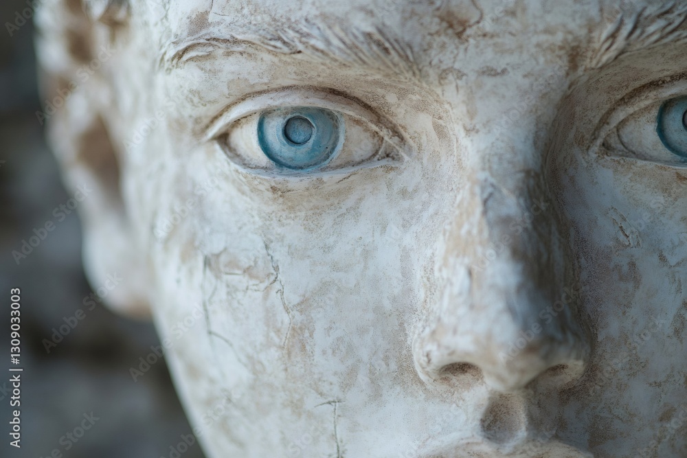 Close up of an antique statue's face highlighting aquamarine eyes and cracked surface, evoking themes of time, history, and art Close up of an antique statue's face highlighting aquamarine eyes and cracked surface, evoking themes of time, history, and art