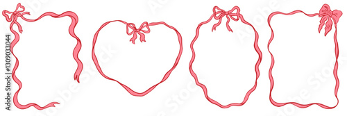 Girly frames of coquette pretty charming bows and ribbons. Hand drawn vintage bows frame for greeting cards, wedding and birthday party, invitations in cute elegant coquette style vector illustration 