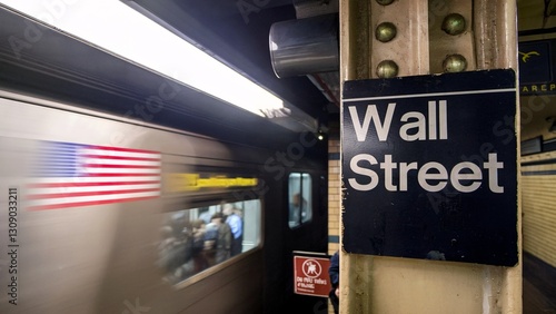 Wall Street Subway Station with Passing Train and American Flag