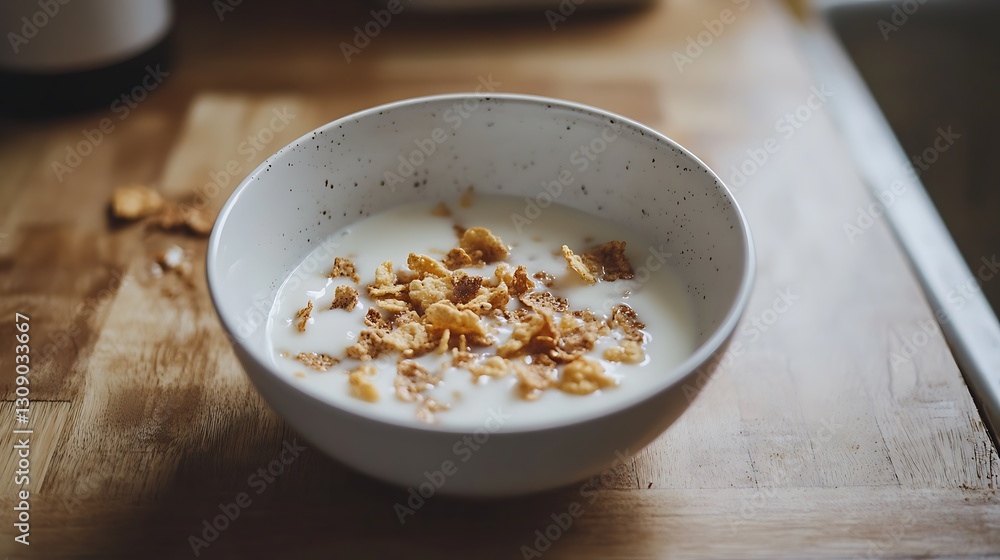 Serving of Cereal with Milk in a Bowl on Wooden Table Serving of Cereal with Milk in a Bowl on Wooden Table
