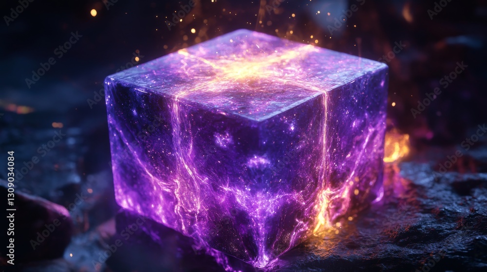 Obraz premium A glowing purple cube emits vibrant electric light in a mystical outdoor setting, blending surrealism and fantasy, perfect for futuristic or magical themes.. AI Generation