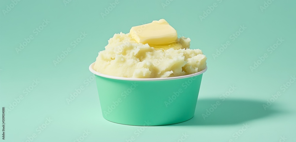 Serving of creamy mashed potatoes with a pat of melting butter Serving of creamy mashed potatoes with a pat of melting butter