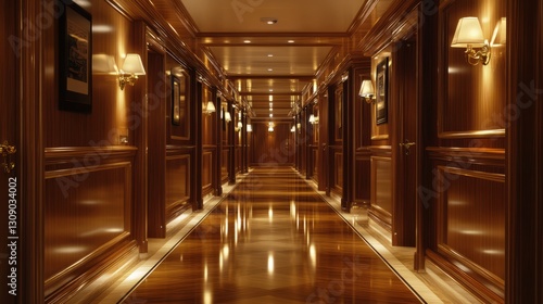 Wallpaper Mural A corridor in a luxury cruise ship, with polished wooden paneling and soft lighting Torontodigital.ca