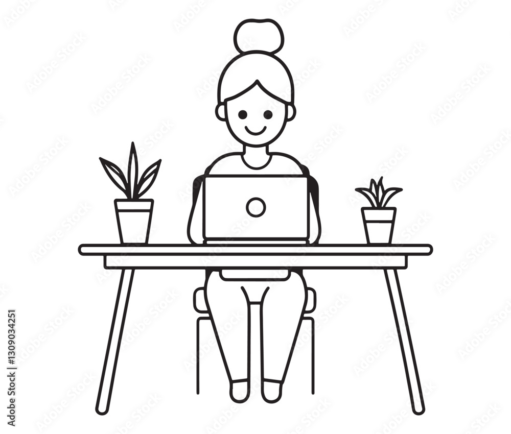 Freelancer at a stylish desk, remote work concept. Modern illustration of a woman working on a laptop Freelancer at a stylish desk, remote work concept. Modern illustration of a woman working on a laptop