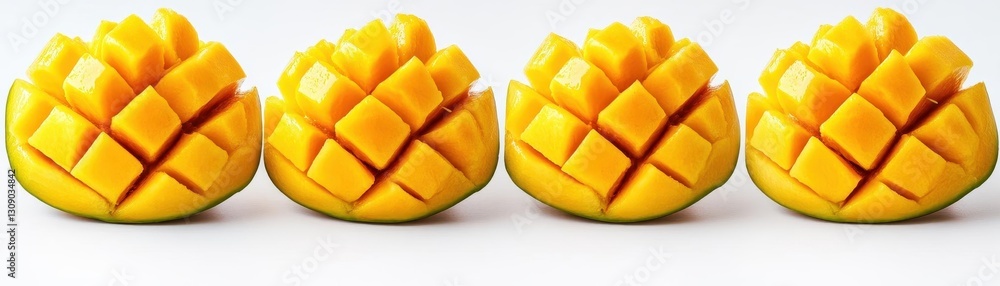 Mango Slices Isolated on White Background, set of 6 images side view Mango Slices Isolated on White Background, set of 6 images side view