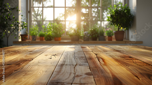 A rustic wooden table for product placement with kitchen and garden in background. 