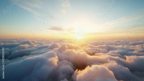 View of clouds from a height, through which the light of the sun breaks through. The sun is on the horizon, creating a warm glow and coloring the clouds in soft shades of orange and pink.