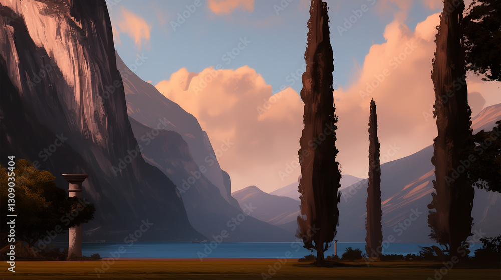 Obraz premium Scenic digital painting of a tranquil lakeside landscape at sunset with towering mountains, lush trees, and a lone statue on a pedestal. Serene and atmospheric view of nature in a classical art style