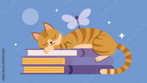A lazy tabby cat dozing on a pile of poetry occasionally stirring to chase away a wandering moth.. Vector illustration