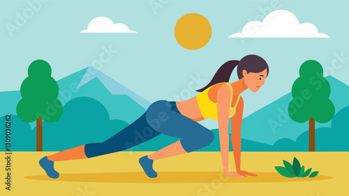 A female participant doing burpees under the warm sun as part of the challenging outdoor bootcamp routine.. Vector illustration