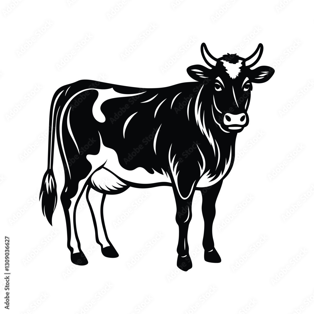 Detailed domestic cattle with horns silhouette isolated on white background Detailed domestic cattle with horns silhouette isolated on white background