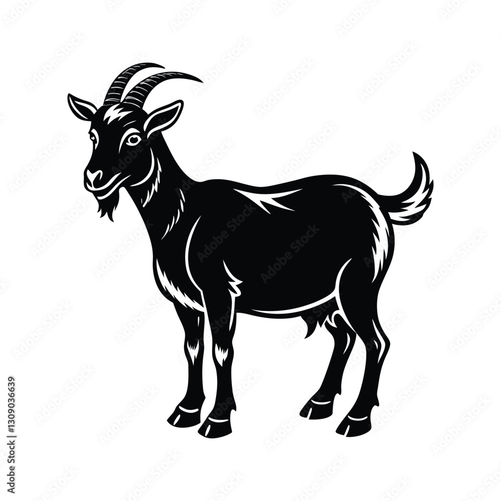 Fototapeta premium Detailed farm goat with curved horns silhouette isolated on white background