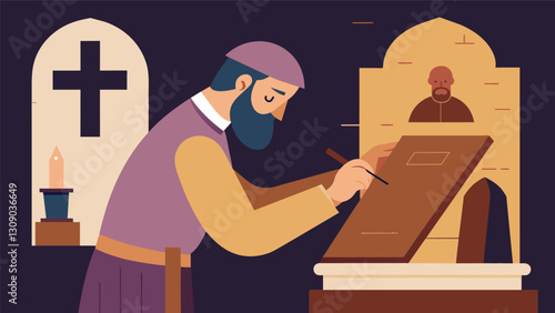 In the peaceful atmosphere of the church workshop the engraver channels his devotion as he carefully inscribes a spiritual message onto a beautiful. Vector illustration