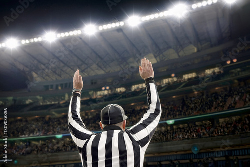Football Referee Signaling Touchdown During Game Under Bright Stadium Lights