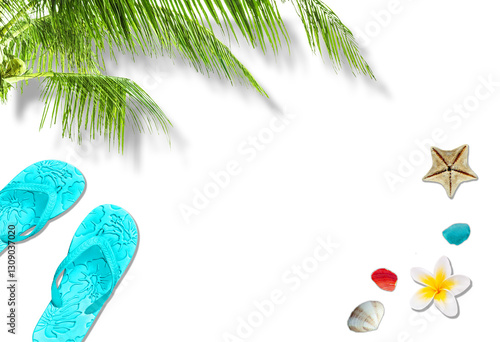 Obraz na płótnie Beach accessories, flip flops, seashells and palm tree isolated on white or transparent with shadows and copy space, summer background, cut our png w salonie