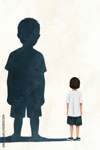 Illustration showing a child overwhelmed by their own shadow symbolizing low self-esteem and feelings of inadequacy