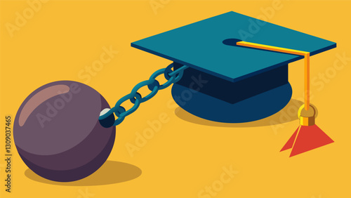An illustration of a graduation cap tied to a ball and chain symbolizing how student debt can inhibit future opportunities for individuals.. Vector illustration