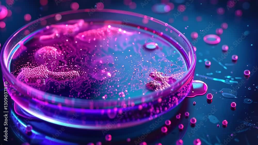 Glowing bacteria under UV light in a Petri dish