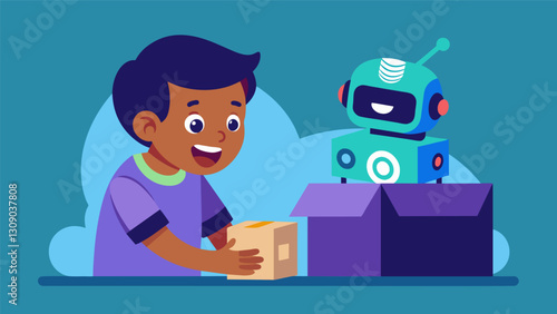 The child carefully removes a voiceactivated robot from its box marveling at its smooth movements and interactive capabilities.. Vector illustration