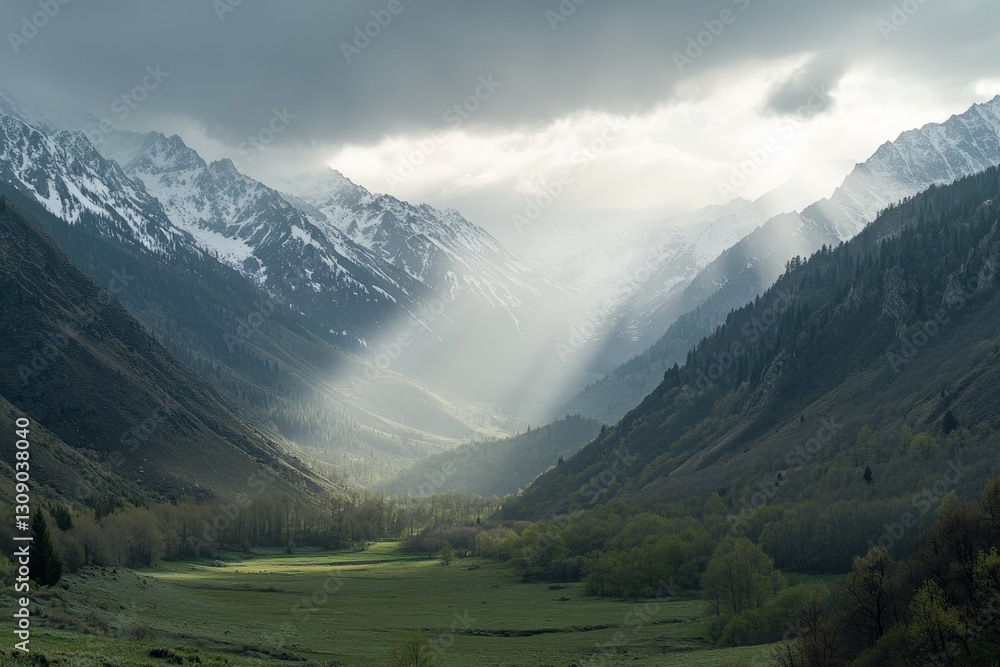 Stunning spring valley in the mountains with lush meadows and snow capped peaks illuminated by sun Stunning spring valley in the mountains with lush meadows and snow capped peaks illuminated by sun