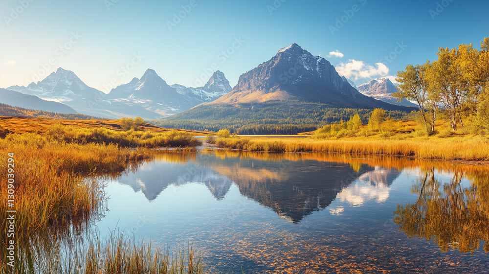 Scenic autumn landscape with golden trees reflecting in a calm lake, surrounded by vast grasslands and majestic snow-capped mountains under a clear blue sky Scenic autumn landscape with golden trees reflecting in a calm lake, surrounded by vast grasslands and majestic snow-capped mountains under a clear blue sky