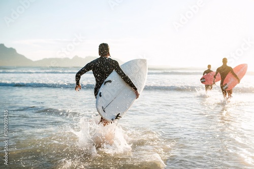 Surfers Walking Into Waves at the Beach During a Bright Sunny Day