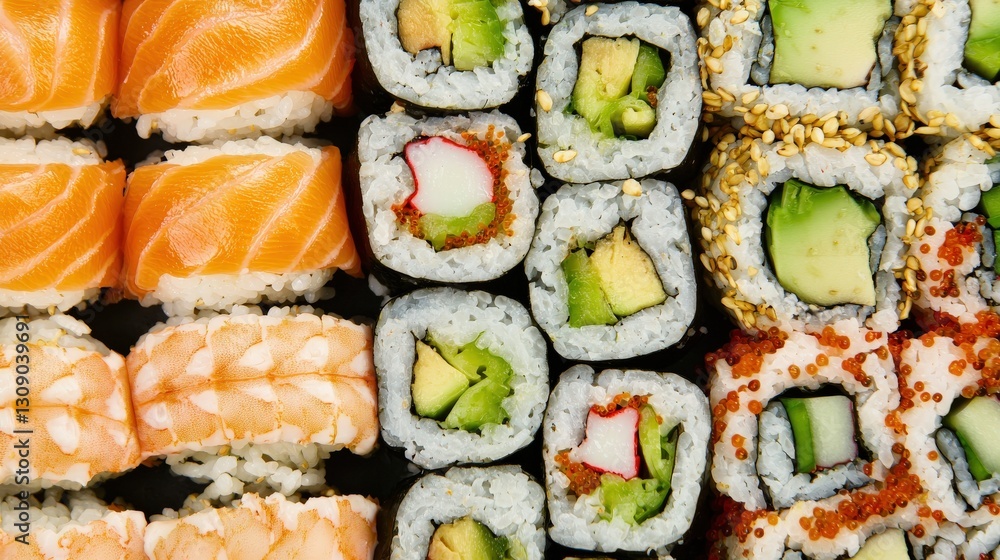 Fresh Sushi Rolls with Salmon and Avocado on Black Background Fresh Sushi Rolls with Salmon and Avocado on Black Background