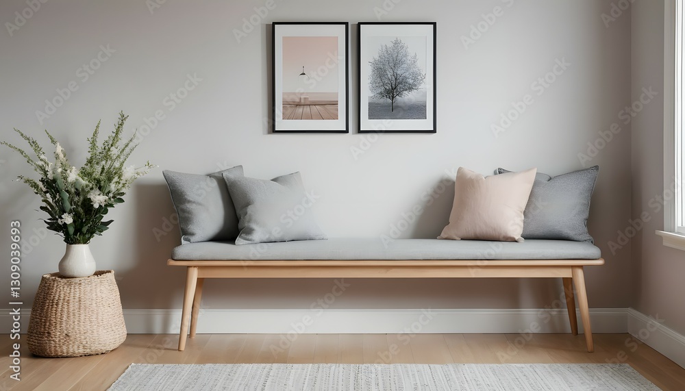 Naklejka premium Cozy Living Room with Bench and Decorative Wall Art Designs