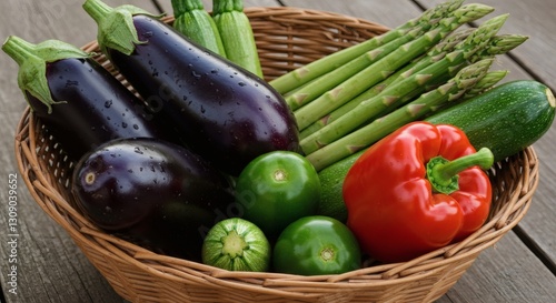 A rustic basket filled with fresh eggplants, zucchinis, asparagus, and red bell peppers, freshly harvested. High detail, farm-to-table aesthetic with earthy tones and natural light.