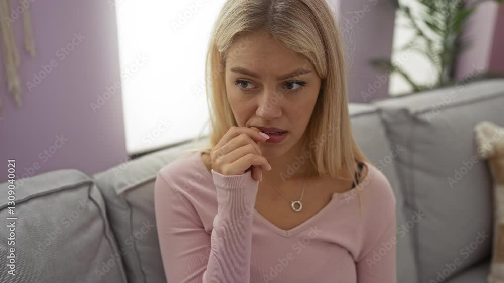 Woman biting her nails looking anxious on a couch in a cozy living room. Woman biting her nails looking anxious on a couch in a cozy living room.