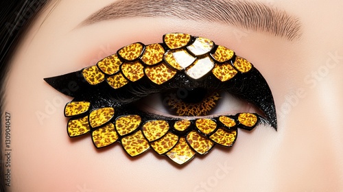 Close-up eye, scales makeup, gold, black, studio, beauty, fashion, advert photo