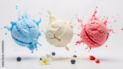 Three Scoops of Ice Cream in Mid-Air with Colorful Splashes