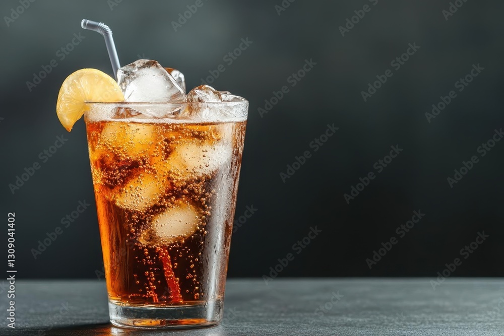 Pour soft drink in glass with ice splash on dark background